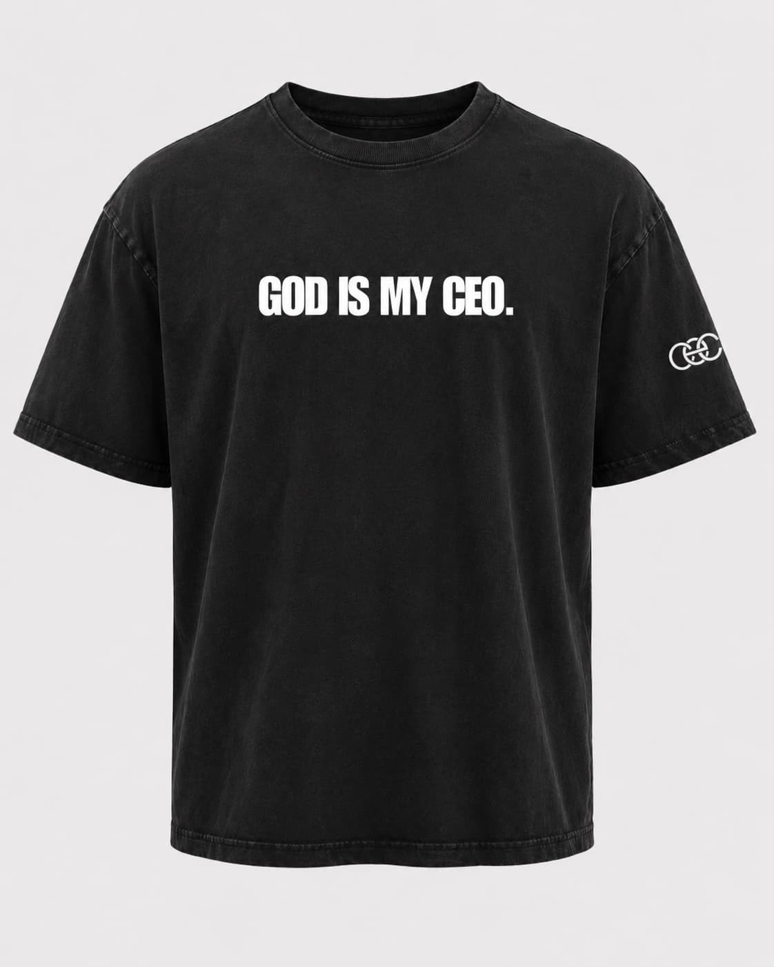 “God Is My CEO” Heavy Faded Tee in Faded Black, front view