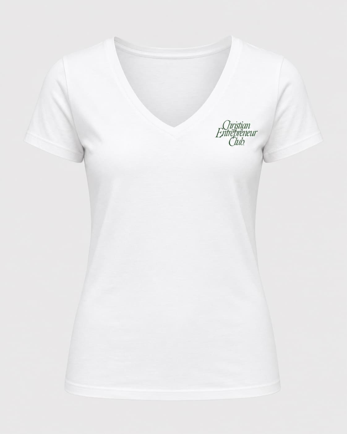 Women’s Script V-Neck Tee in White, front view