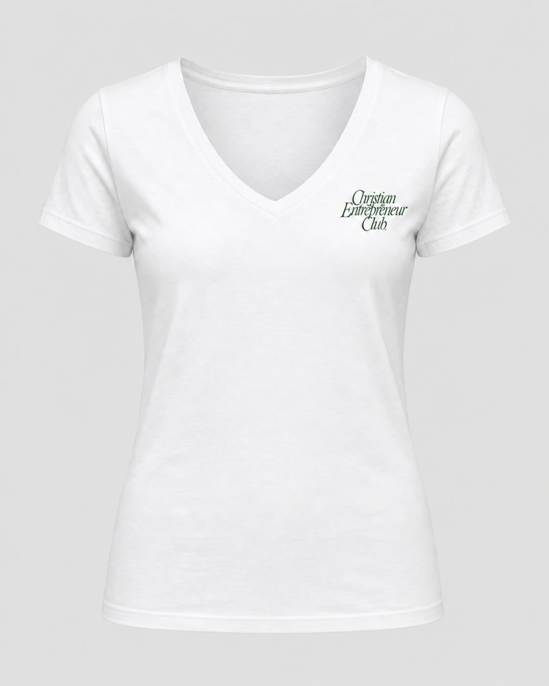 Women’s Script V-Neck Tee in White, front view